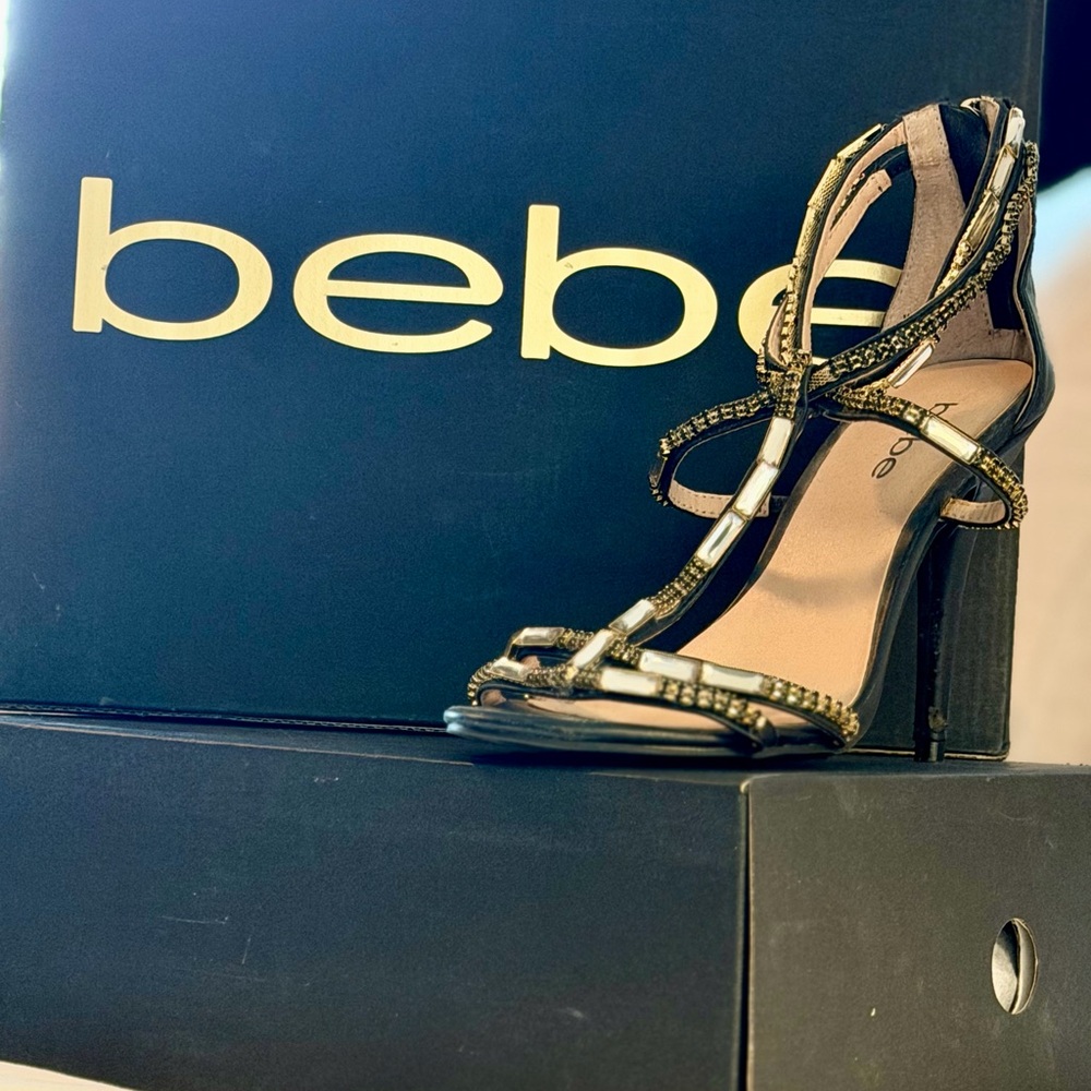 Bebe Black and Gold Strappy Heels